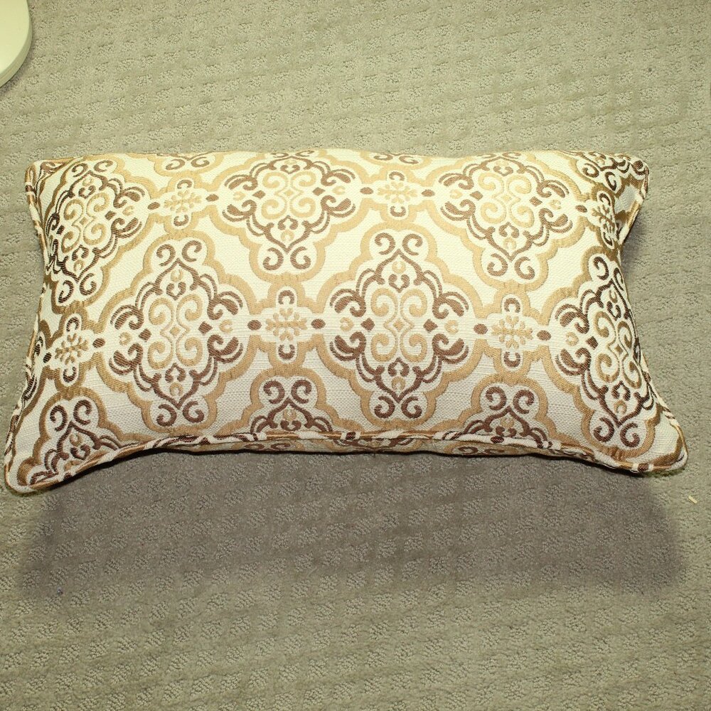 Gorgeous Neutral Tapestry Cream Brown Tan Filigree Patterned 22x13 Lumbar Pillow